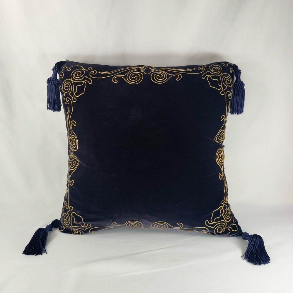 Velvet Navy Blue Gold Tassel Whimsigoth Throw Pillow Square 16" Witchy Decor